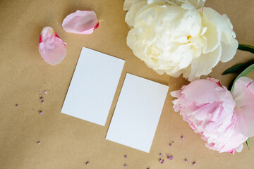 Business card mockup , business card mockup with flowers, pink and white peonies,jpg