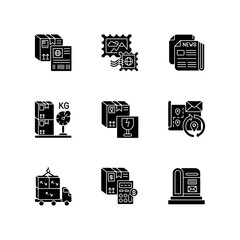 Mail services black glyph icons set on white space. Postal delivery business, distribution industry. Parcels shipping and letters transportation silhouette symbols. Vector isolated illustration
