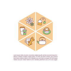 Alternatives to energy drinks concept icon with text. Ginger root tea, coffee, cinnamon. PPT page vector template. Brochure, magazine, booklet design element with linear illustrations
