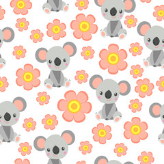 Seamless pattern with koala babies and pink flowers. White background. Floral ornament. Flat cartoon style. Cute and funny. For kids postcards, textile, wallpaper and wrapping paper. Spring and summer