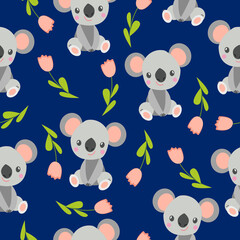 Seamless pattern with koala babies and pink flowers. Blue background. Floral ornament. Flat cartoon style. Cute and funny. For kids postcards, textile, wallpaper and wrapping paper. Spring and summer