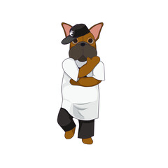 Brown French bulldog in RnB style on white isolated background, vector stock illustration in Cartoon style, concept of Street Dancing, Urban Lifestyle, Cute Dogs and Pets, also Hobby and Fashion.