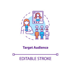 Target audience concept icon. Communication strategy components. Smart cooperation tips for better team idea thin line illustration. Vector isolated outline RGB color drawing. Editable stroke