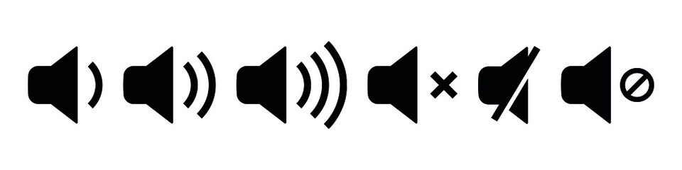 Set of volume icons. Black volume sound, Mute button speaker
