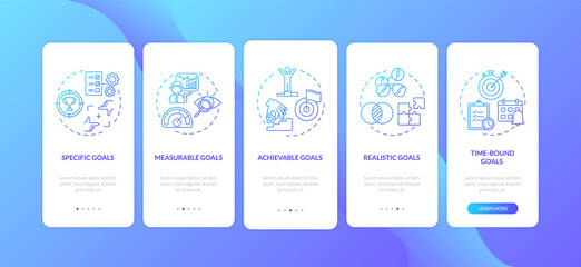 Smart goals definition onboarding mobile app page screen with concepts. Partnership target walkthrough 5 steps graphic instructions. UI vector template with RGB color illustrations