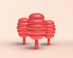 Honey comb Trees, monochrome flat red color 3D Icon on light background, 3d Rendering