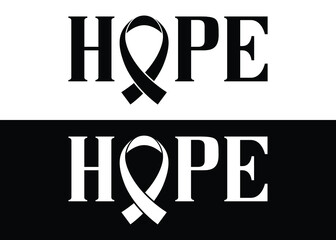 Hope. Word with ribbon for cancer awareness. Set of 2 Brush painted letters on isolated background. Black and white. Vector text illustration for cancer awareness, t shirt design, print, poster, icon,