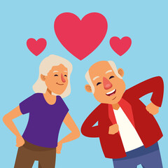 old lovers couple dancing with hearts active seniors characters