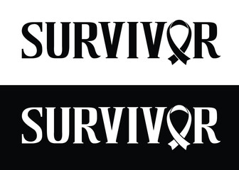 Survivor. Word with ribbon for cancer awareness. Set of 2 Brush painted letters on isolated background. Black and white. Vector text illustration for cancer awareness, t shirt design, print, poster, i