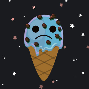 Isolated vector image. Ice cream in space. Sad mint ice cream with chocolate drops. Flat character, cartoon. Waffle cone.

