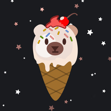 vector isolated image. ice cream in the form of a polar bear. cute Japanese-style children's dessert. strawberry ice cream in a waffle cone. pastry topping, rum cherry, whipped cream.