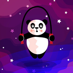 Vector image. Panda jumps on a rope for weight loss. Evening, stars, sea, nature. Sports, fun, joy. Magic children's illustration. Children's story, cartoon style, fantasy, fairy tale.
