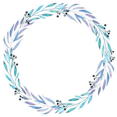 Fototapeta na wymiar Watercolor hand painted wreath, cyan blue leaves wreath, greenery 