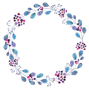 Watercolor hand painted wreath, blue watercolor wreath