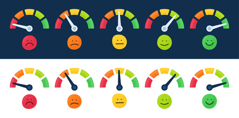 Speedometer, tachometer icon collection. Colour speedometer set. Scale from red to green performance measurement. Rating satisfaction concept with emotions vector illustration