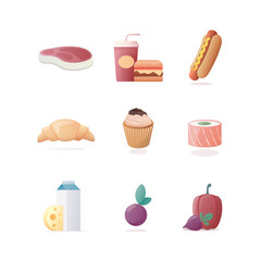 Food icon set. Vector illustrations. Food and beverages. Grocery store assortment. Isolated on white background.