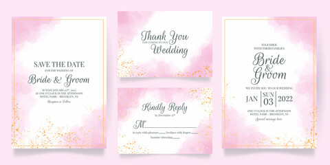 watercolor creamy wedding invitation card template set with golden floral decoration 