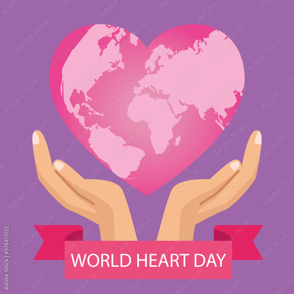 Sticker world heart day lettering with hands protecting pink heart and ribbon frame