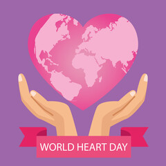 world heart day lettering with hands protecting pink heart and ribbon frame