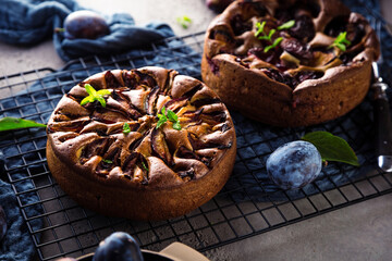 close-up view of delicious sweet fruit pies with organic plums