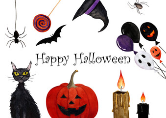 Halloween card on white background. Happy Halloween. Watercolor illustration