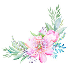 Watercolor pink peonies wreath, Pink flowers