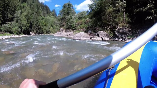 Rafting In The First Person On A Rough Mountain River. POV. White Water Rafting