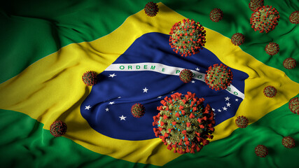COVID-19 Coronavirus Molecules Swarming Brazilian Flag - Health Crisis with Rise in COVID Cases - Brazil Virus Pandemic Casualties Abstract Background - 3D Illustration