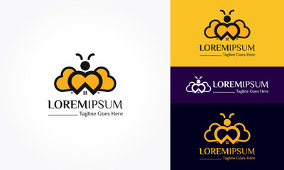 abstract bee logo design template. bee logo icon. house bee logo icon with line art style