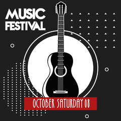 music festival poster with guitar acoustic instrument in black background