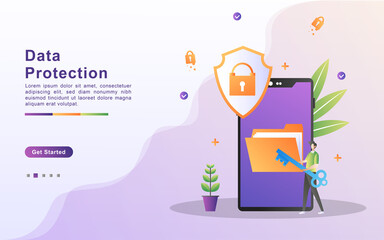 Data protection concept. People secure data management and protect data from hacker attacks. Back up and save important data. Can use for web landing page, banner, mobile app. Vector Illustration.
