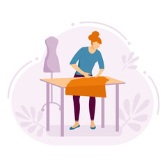 A woman cuts fabric in a tailoring workshop. Vector illustration in flat style.