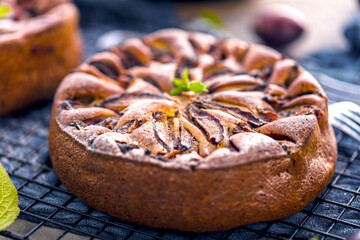 close-up view of delicious sweet fruit pies with organic plums
