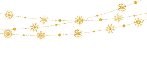 Glitter snowflakes garland on white background. Christmas golden decoration. Bright hanging snowflake and balls. Holiday party design elements. Luxury gold snow greeting card. Vector illustration