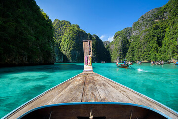 View of thai traditional longtail Boat over clear sea and sky in the sunny day, Phi phi Islands,...