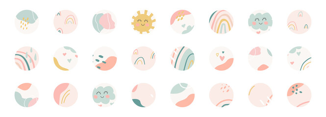 Highlight covers big set. Cute kids nursery backgrounds. Hand drawn unique organic shapes composition. Fashion cover in pastel colors for bloggers. Minimal templates. Vector illustration