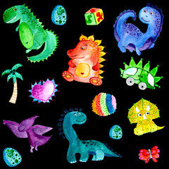 pattern with colored dinosaurs on a black background for children's textiles t-shirts, prints, background, watercolor 