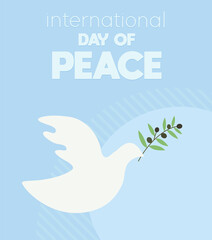 International Day of Peace illustration, white pigeon hold olive tree branch cartoon vector.
