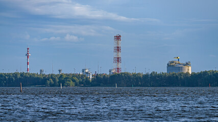 Obraz premium Construction of a plant and a terminal for the production and transshipment of liquefied natural gas in Vysotsk viewed from sea