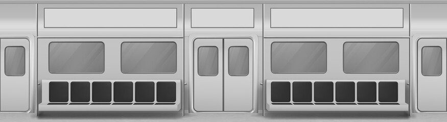 Train wagon interior with seats, windows and closed doors. Vector realistic background with glass windows, sliding doors, handrails and chairs in metro carriage. Empty subway wagon inside - obrazy, fototapety, plakaty