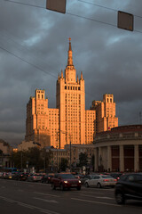Obraz premium Stalin's skyscraper on Barrikadnaya in the rays of the setting sun