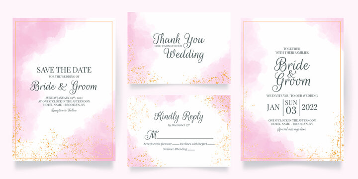 watercolor creamy wedding invitation card template set with golden floral decoration 