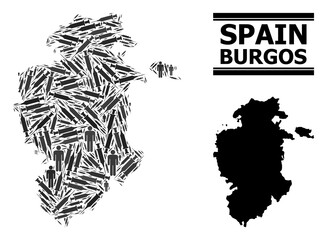 Fototapeta premium Syringe mosaic and solid map of Burgos Province. Vector map of Burgos Province is created with inoculation icons and men figures. Abstraction is useful for lockdown posters. Final win over Covid-2019.
