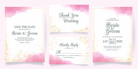 watercolor creamy wedding invitation card template set with golden floral decoration 