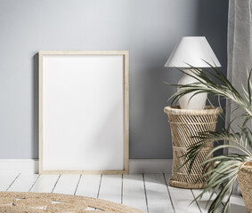 Mock up frame with minimal decor close up in home interior background, 3d render