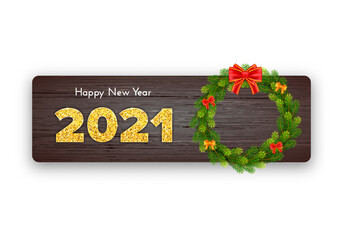 Golden numbers 2021. Holiday gift card Happy New Year with Christmas wreath and bows on wood background. Celebration decor. Vector template illustration