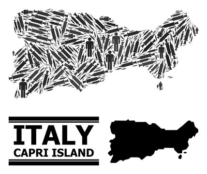 Covid-2019 Treatment mosaic and solid map of Capri Island. Vector map of Capri Island is organized of vaccine doses and people figures. Collage is useful for treatment posters.