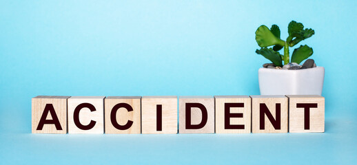 ACCIDENT written on wooden cubes on a blue background near a flower in a pot