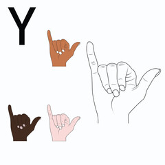 "Y" is the twenty-fifth letter of the alphabet in Sign Language, English. Black and white drawing by hand and by skin tone. Vector illustration