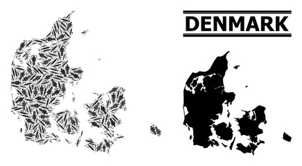 Vaccination mosaic and solid map of Denmark. Vector map of Denmark is composed of injection needles and men figures. Illustration is useful for outbreak templates. Final solution over virus outbreak.